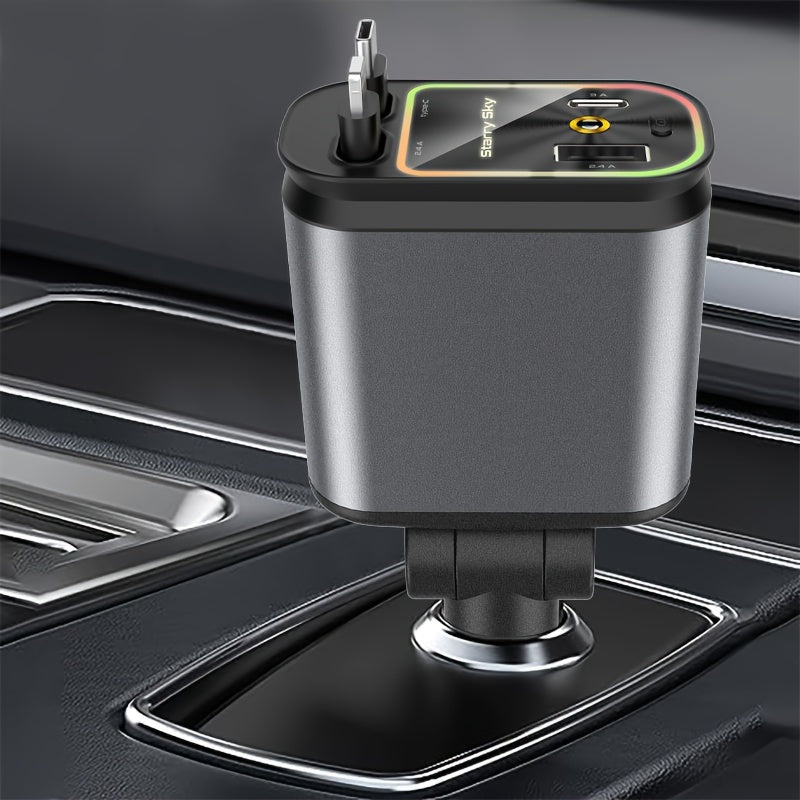 Retractable Car Charger With Star Projector And Flame Ambient Mood Light, 4 In 1 Fast Car Mobile Phone Charger,, With 2.6ft Retractable Cable And USB C Port, Car Charger Adapter, Compatible With IPhones 15/15 Max/14 Pro/13/12/11/Galaxy S23/22, Etc