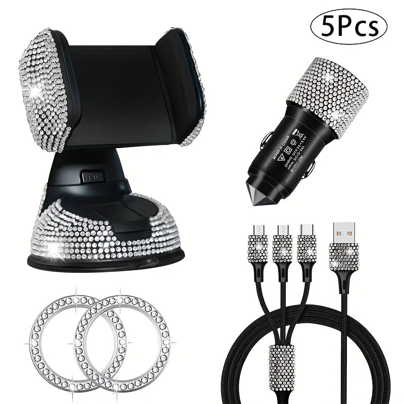 5pcs Luxury Car Accessory Set, Sparkling Rhinestone Charging Cable + Car Phone Holder + USB Car Charger + Ignition Button Trim Ring & Suction Mount, Made with Premium Safe Materials, Handcrafted, Real Photos, High End Gift for Him & Her