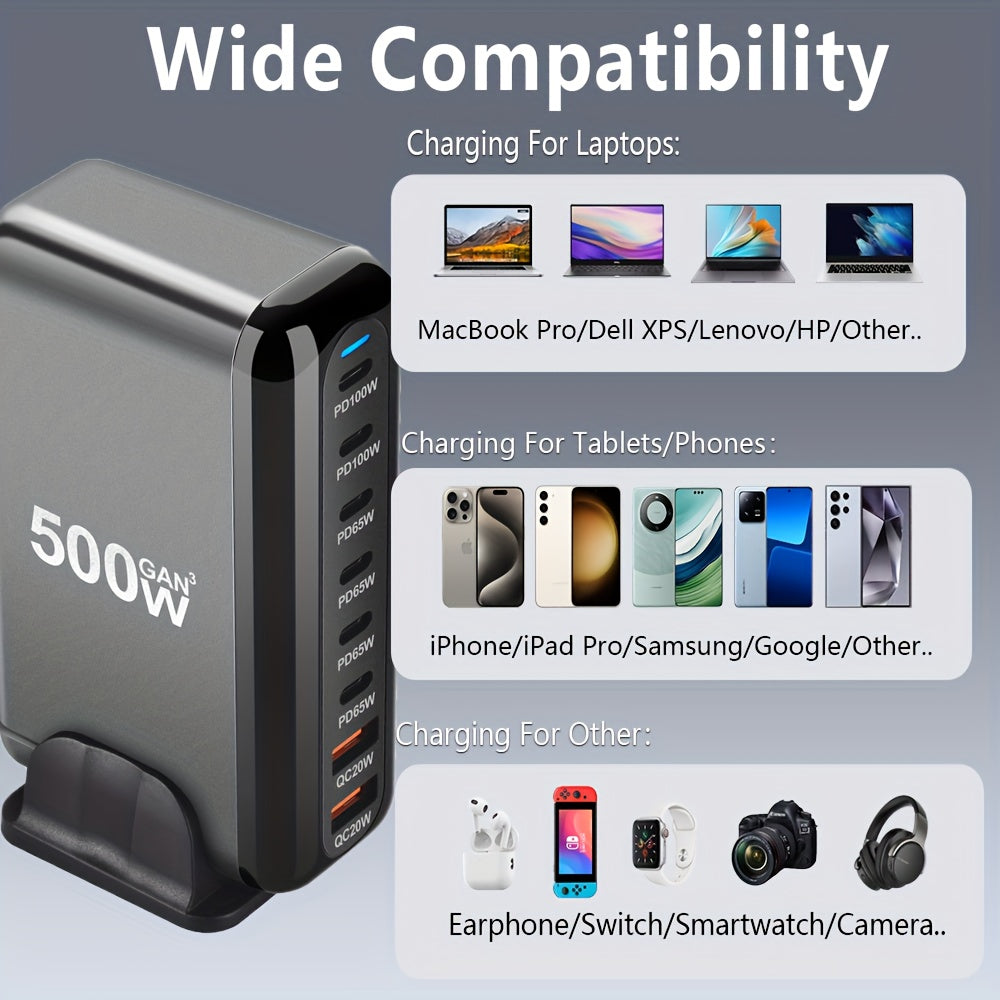 Multi Charging PD Charger New 500W GAN 6C2A 8 Ports Desktop Charging Desktop GaN Charger for Multiple Mobile Phone Type C Quick Charge 3.0, High Power Charging, Desktop Device Charging, Power Delivery Charger, Multi Port Charger, Compact Desktop Design,