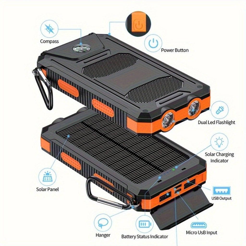 15800/20000mAh Portable Solar Power Bank, Portable Solar Mobile Phone Charger, Camping External Battery Charger for Mobile Phones, 2 USB/ LED Flashlights with Compass for Outdoor Activities