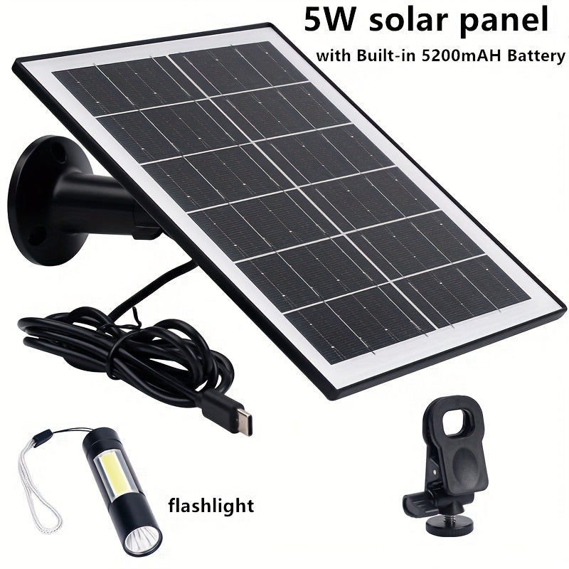 5W Solar Panel, With Built-in 5200mHA Battery, Essential For Outdoor Devices Power Supply, Outdoor Emergency Power Supply, Camping, Night Commuting, Suitable For Low-voltage Safety Cameras, Mobile Devices Recharging, With A Gift Mini Flashlight.