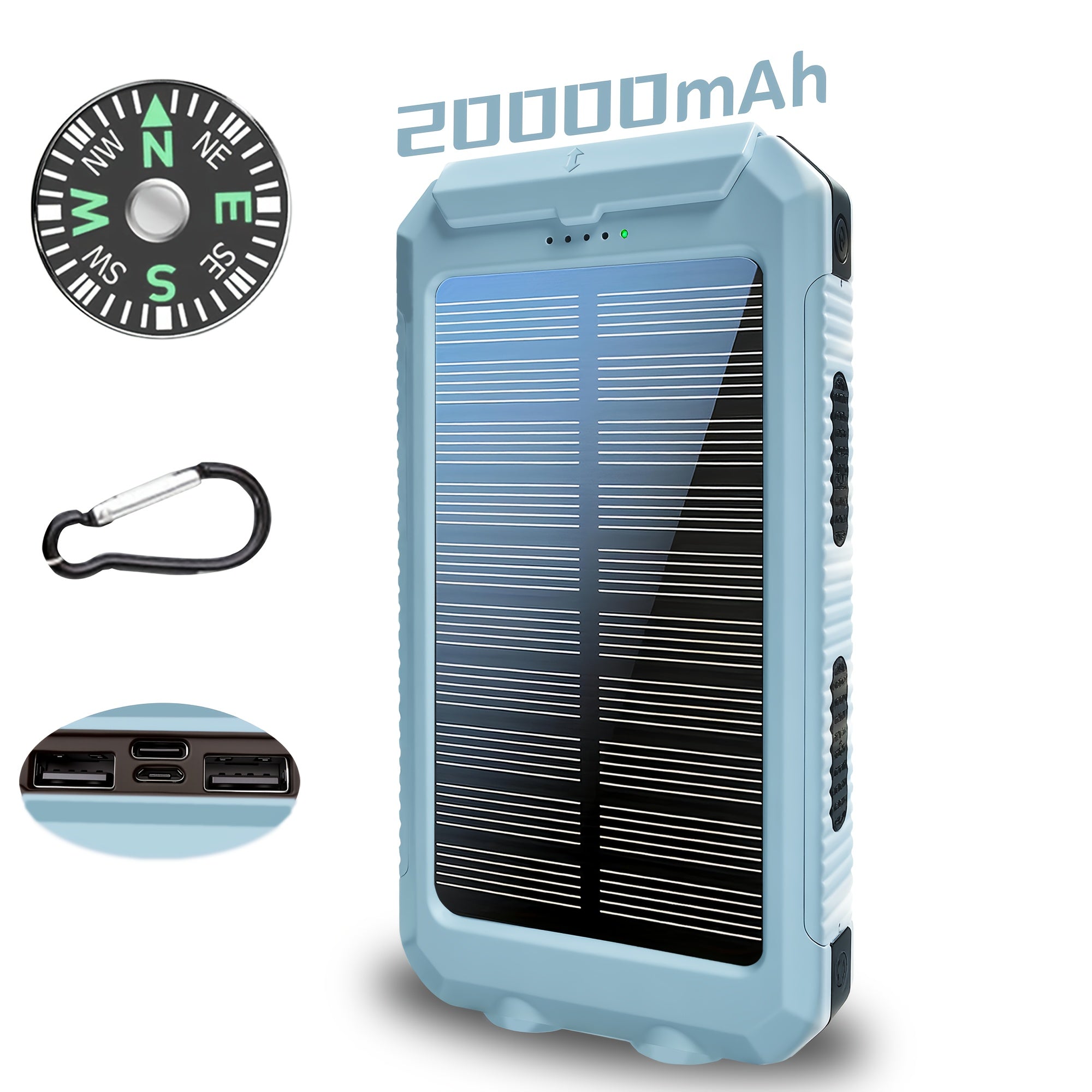 [Solar Power Bank] 20000mAh Solar Power Bank | Dual 5V USB Port Output, Built-in Flashlight with Compass for Outdoor Camping & Emergency Use, Portable Charger for All Mobile Devices