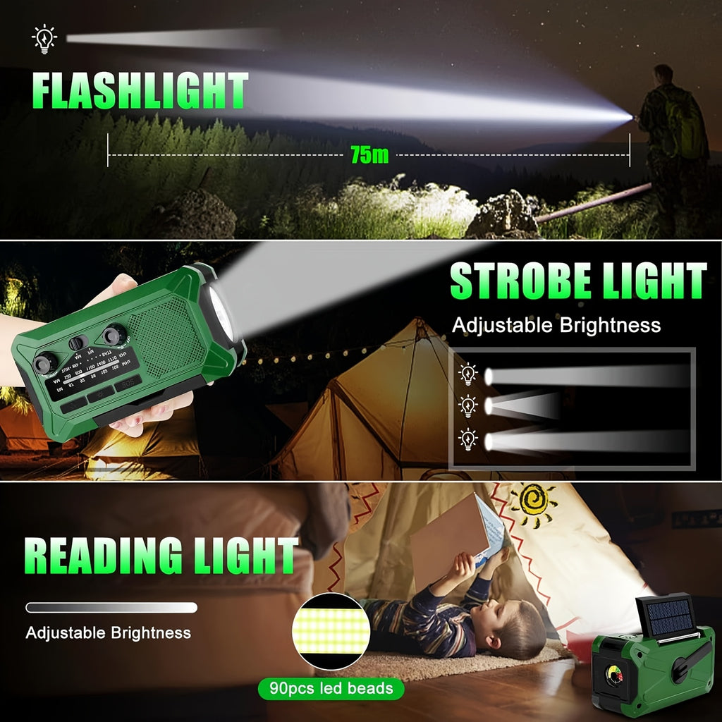 36800mwh 1 pack Emergency Radios for Families with AM/FM, 3-Way Charging (Hand Crank/Solar/USB), Kid-Friendly SOS Alarm, Flashlight, Reading Light, Thermometer, Compass & 10000mAh Power Bank - Peace of Mind for Every Home