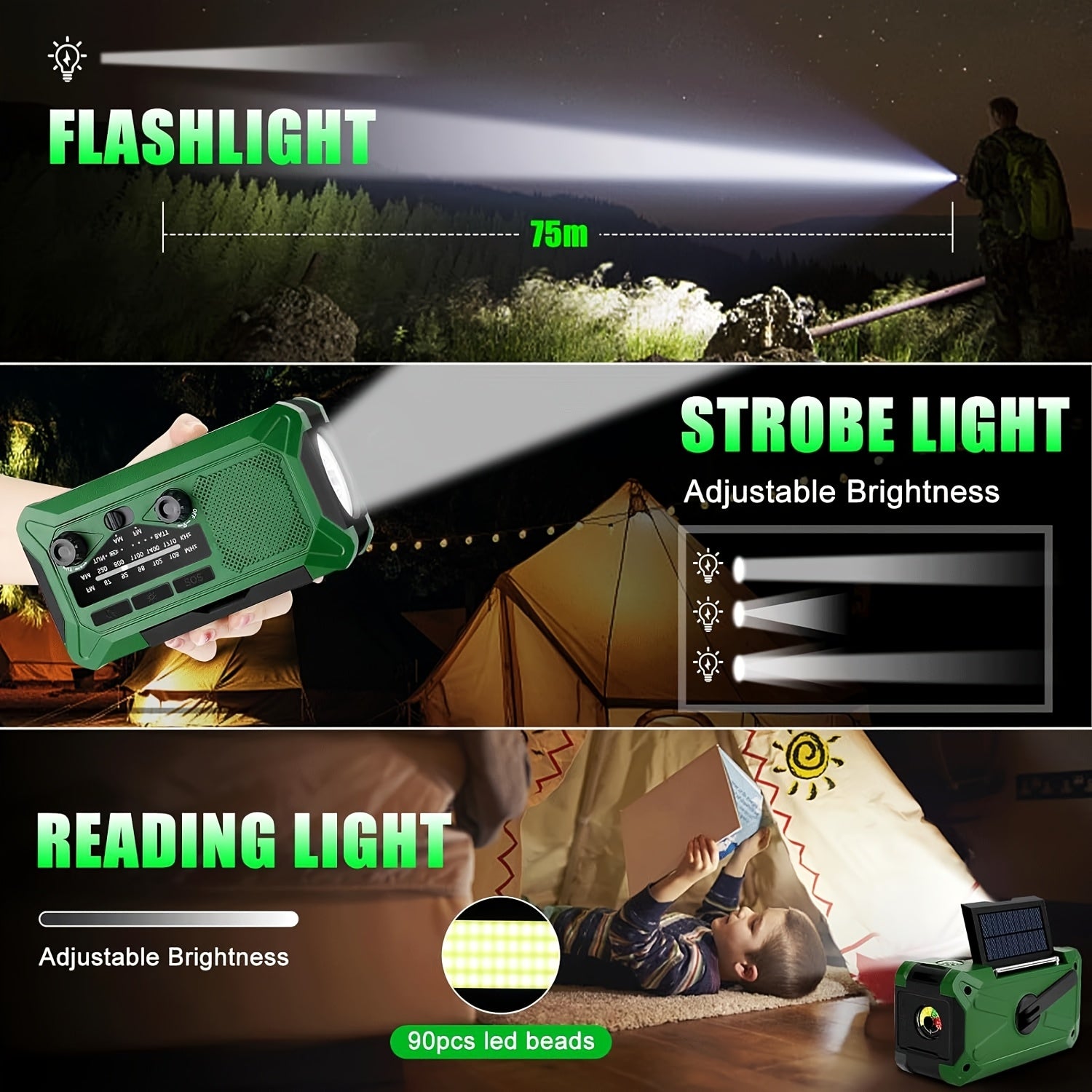 36800mwh 1 pack Emergency Radios for Families with AM/FM, 3-Way Charging (Hand Crank/Solar/USB), Kid-Friendly SOS Alarm, Flashlight, Reading Light, Thermometer, Compass & 10000mAh Power Bank - Peace of Mind for Every Home