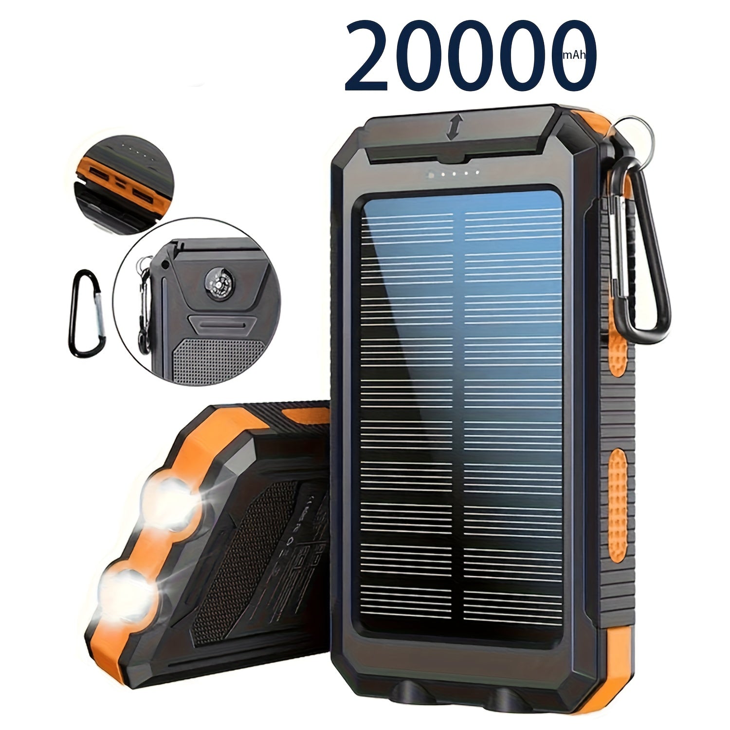 10000/20000mAh Portable Solar Power Bank, Portable Solar Mobile Phone Charger, Camping External Battery Charger for Mobile Phones, 2 USB/ LED Flashlights with Compass for Outdoor Activities