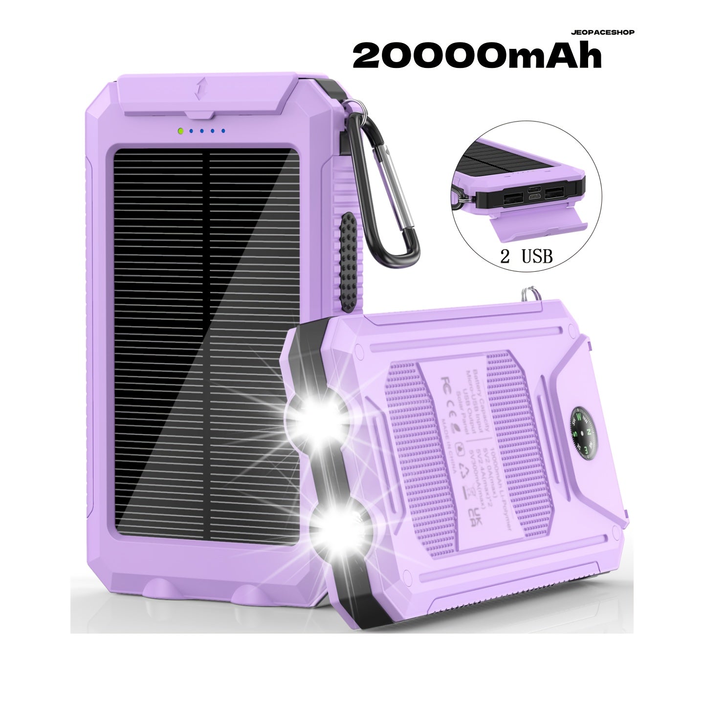 1pc, 20000mAh Portable Solar Mobile Power with External Battery Charger And Powerful LED Light, 2 USB Charging Ports for Outdoor Camping, Hiking And Emergency Power Bank Portable Portable Power Bank Solar Power Bank Battery Power Bank