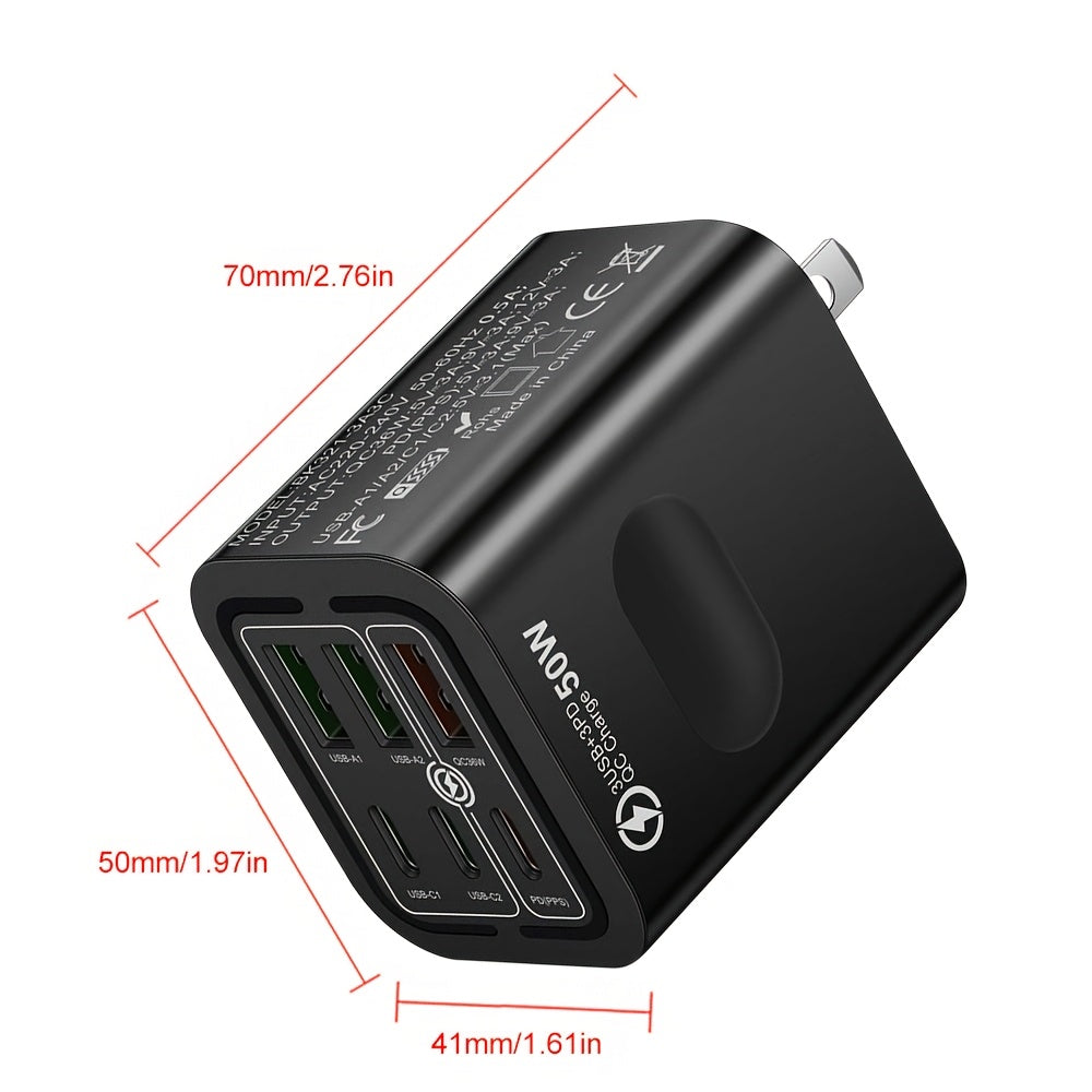 [Fast Charging Adapter] 3-Pack 50W 6-Port Fast Charging Adapter | 3PD + 3USB Quick Charge for iPhone & Samsung, US Plug Travel Wall Charger