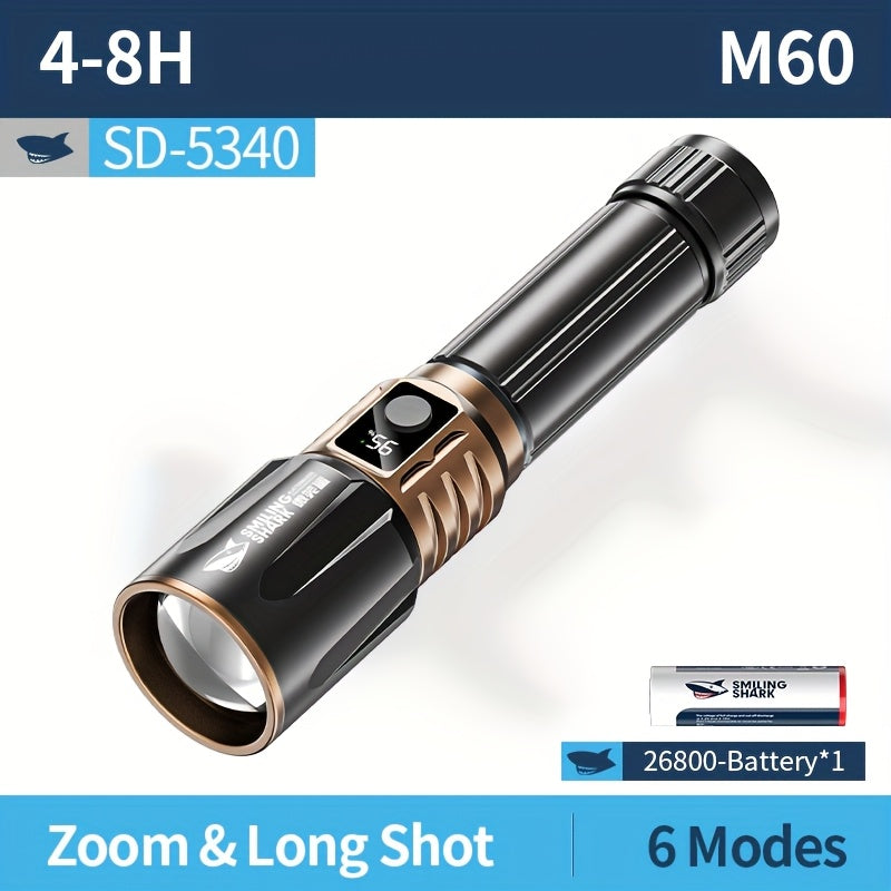 1pc Smiling Shark Rechargeable Flashlights M60 LED Super Bright Long Range, High Power Multi-Functional Handheld Flash Light with LCD Display & Power Bank Function for Emergency Security Camping