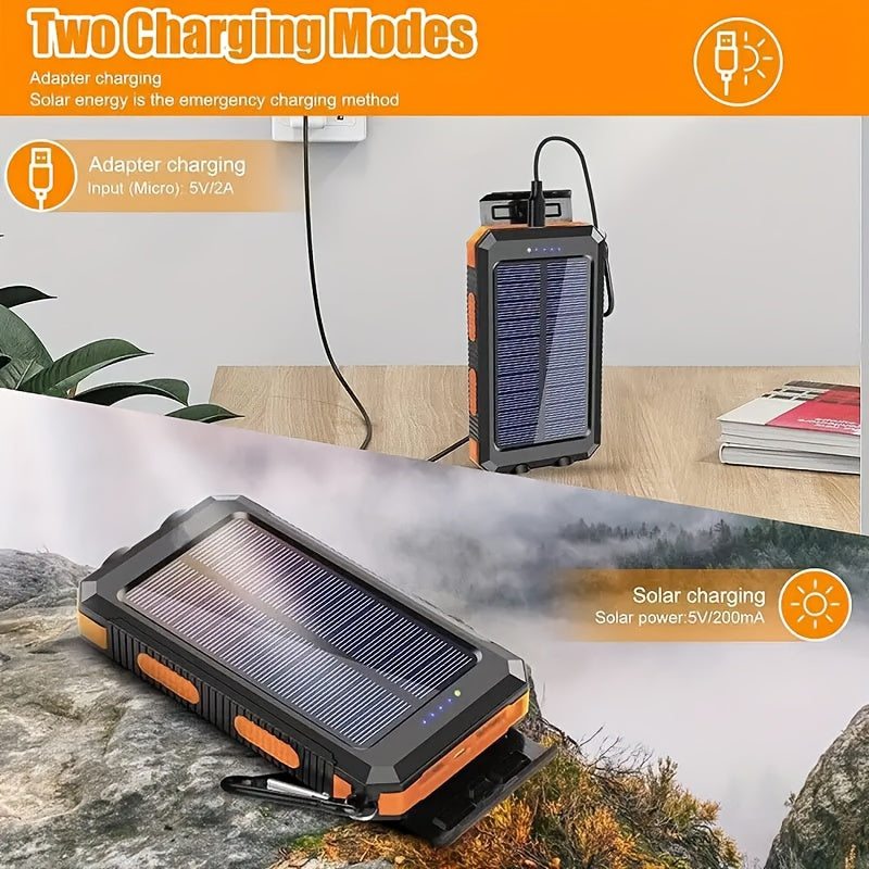 2-pack!10000mAh Solar Power Bank with USB-C Input, Dual USB Output, Built-in Compass And LED Flashlight - Portable Emergency Backup Battery Suitable for Hiking And Outdoor Activities
