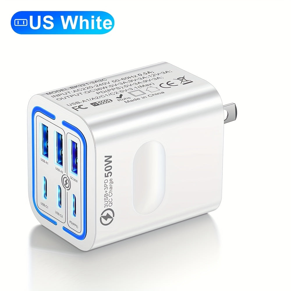[Fast Charging Adapter] 3-Pack 50W 6-Port Fast Charging Adapter | 3PD + 3USB Quick Charge for iPhone & Samsung, US Plug Travel Wall Charger