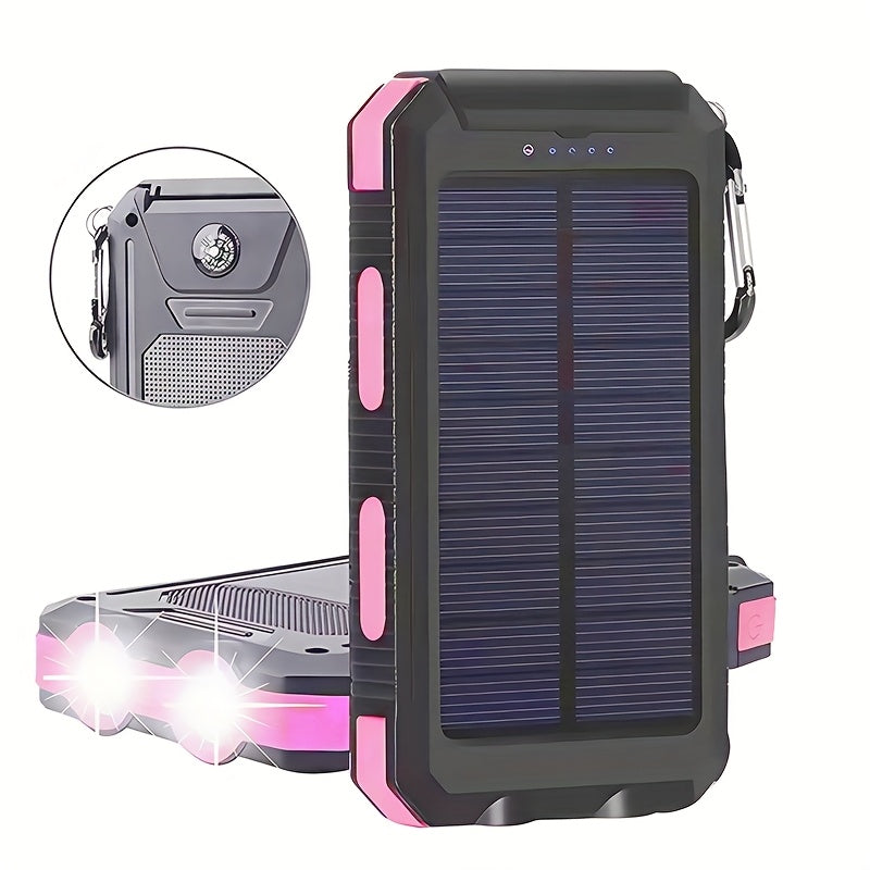 10000mAh Solar Power Bank with Ultra-Bright LED Light, Dual USB & USB-C Ports, Compass, and Portable Hook Design – Fast Charging, Large Capacity Rechargeable Battery for Outdoor Travel & Smartphone Charging, Adventure Gear | Rugged Design | Durable