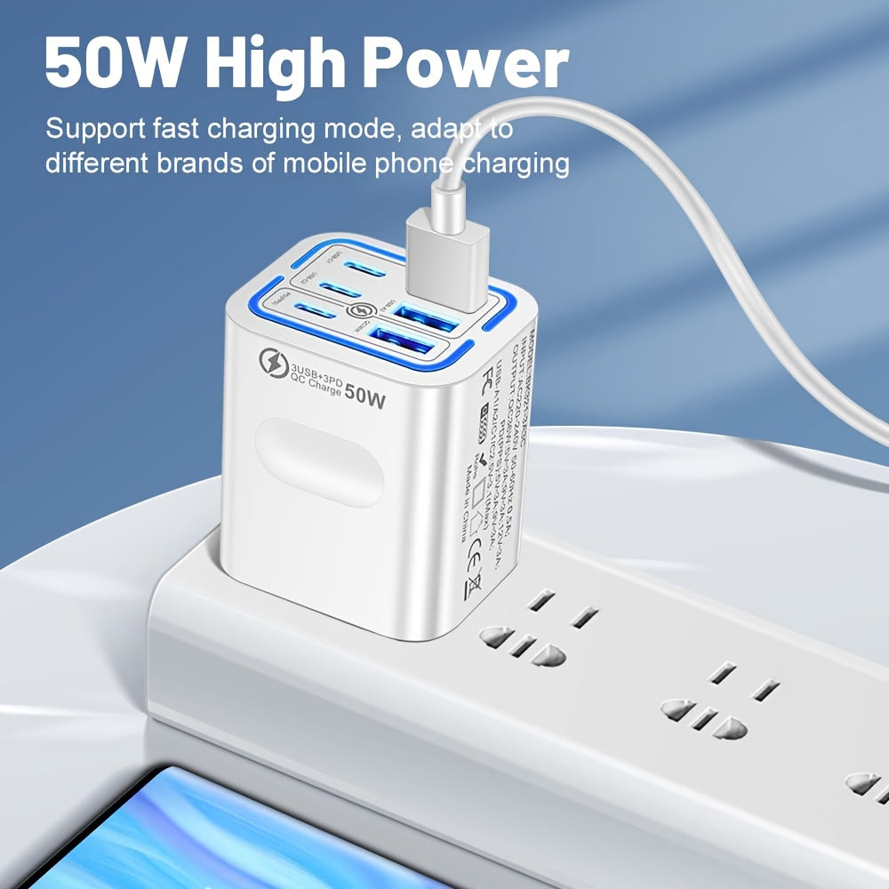 [Fast Charging Adapter] 3-Pack 50W 6-Port Fast Charging Adapter | 3PD + 3USB Quick Charge for iPhone & Samsung, US Plug Travel Wall Charger