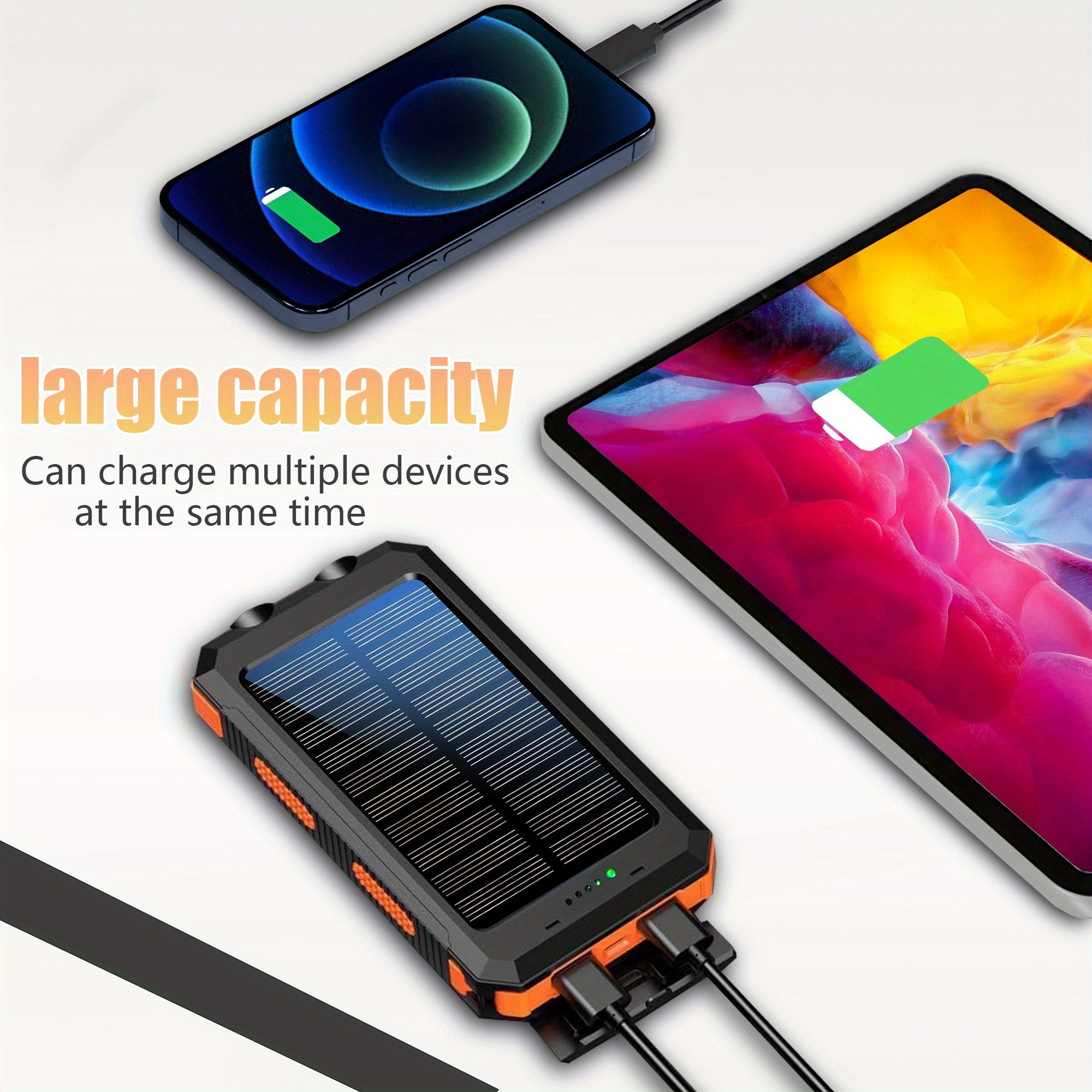 10000/20000mAh Portable Solar Power Bank, Portable Solar Mobile Phone Charger, Camping External Battery Charger for Mobile Phones, 2 USB/ LED Flashlights with Compass for Outdoor Activities