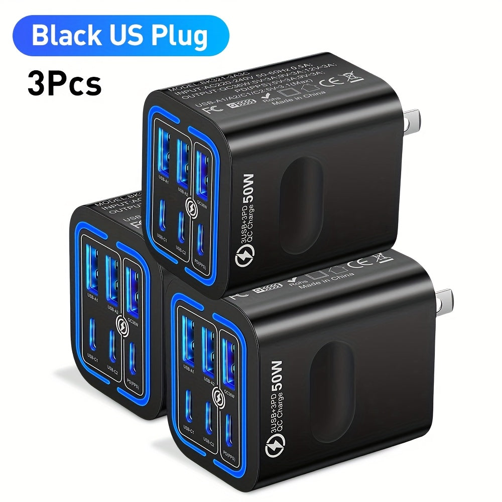 [Fast Charging Adapter] 3-Pack 50W 6-Port Fast Charging Adapter | 3PD + 3USB Quick Charge for iPhone & Samsung, US Plug Travel Wall Charger