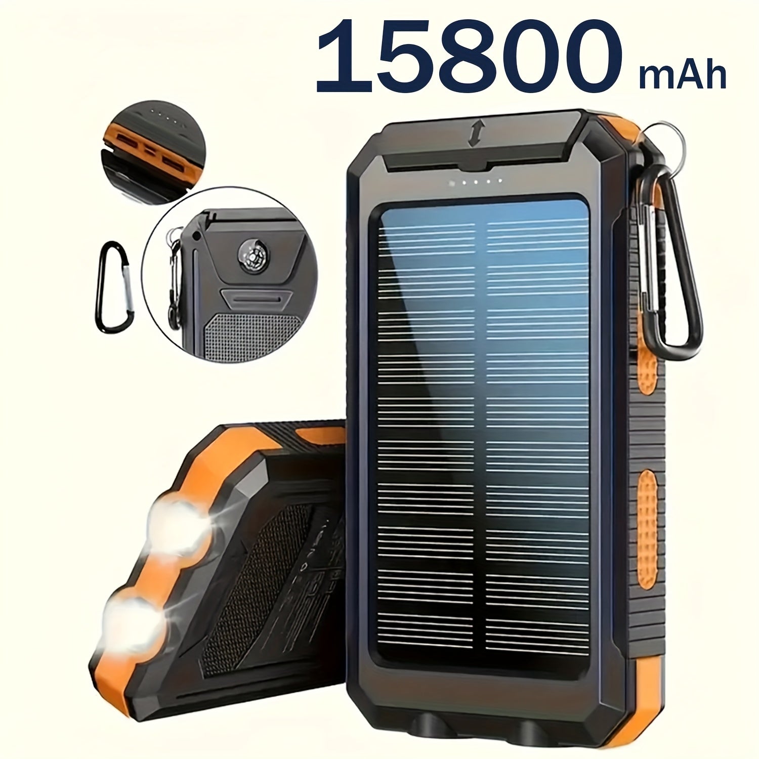 15800/20000mAh Portable Solar Power Bank, Portable Solar Mobile Phone Charger, Camping External Battery Charger for Mobile Phones, 2 USB/ LED Flashlights with Compass for Outdoor Activities