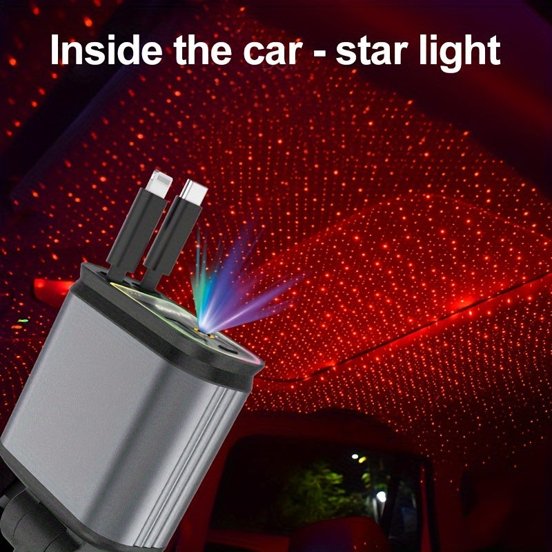 Retractable Car Charger With Star Projector And Flame Ambient Mood Light, 4 In 1 Fast Car Mobile Phone Charger,, With 2.6ft Retractable Cable And USB C Port, Car Charger Adapter, Compatible With IPhones 15/15 Max/14 Pro/13/12/11/Galaxy S23/22, Etc