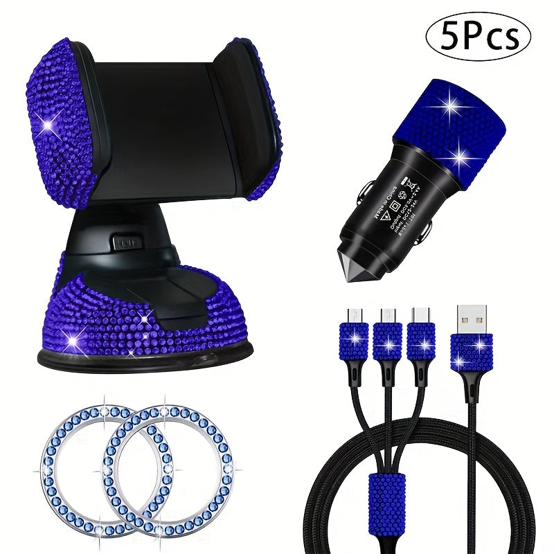 5pcs Luxury Car Accessory Set, Sparkling Rhinestone Charging Cable + Car Phone Holder + USB Car Charger + Ignition Button Trim Ring & Suction Mount, Made with Premium Safe Materials, Handcrafted, Real Photos, High End Gift for Him & Her