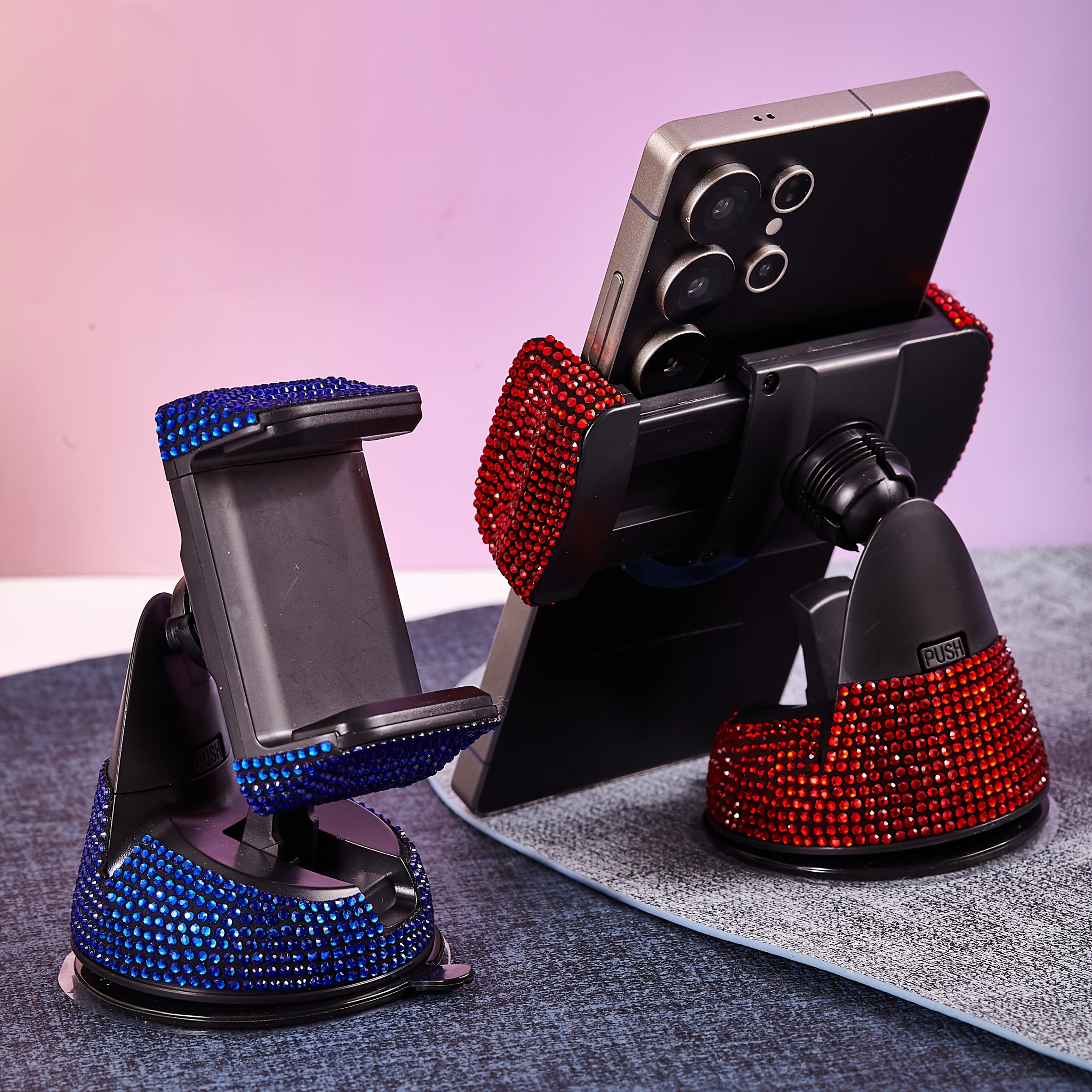 5pcs Luxury Car Accessory Set, Sparkling Rhinestone Charging Cable + Car Phone Holder + USB Car Charger + Ignition Button Trim Ring & Suction Mount, Made with Premium Safe Materials, Handcrafted, Real Photos, High End Gift for Him & Her