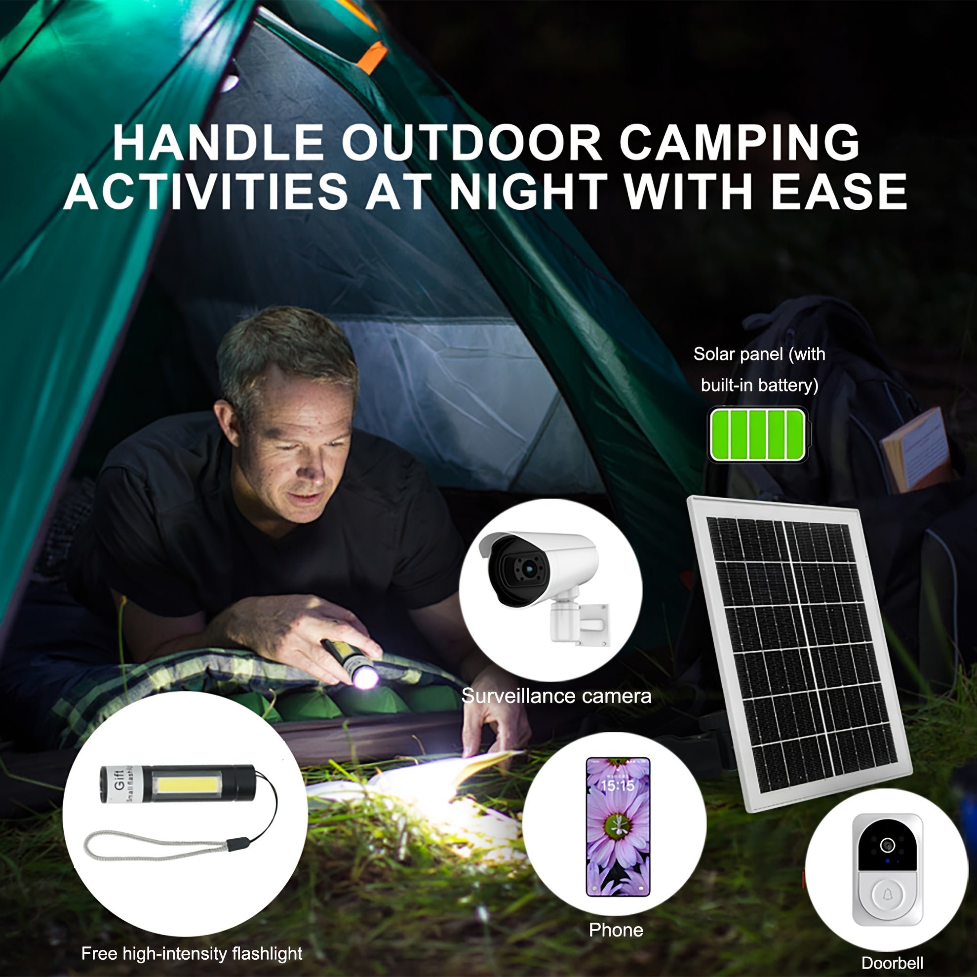 5W Solar Panel, With Built-in 5200mHA Battery, Essential For Outdoor Devices Power Supply, Outdoor Emergency Power Supply, Camping, Night Commuting, Suitable For Low-voltage Safety Cameras, Mobile Devices Recharging, With A Gift Mini Flashlight.