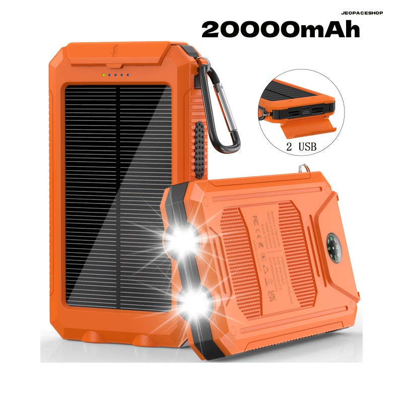 1pc, 20000mAh Portable Solar Mobile Power with External Battery Charger And Powerful LED Light, 2 USB Charging Ports for Outdoor Camping, Hiking And Emergency Power Bank Portable Portable Power Bank Solar Power Bank Battery Power Bank