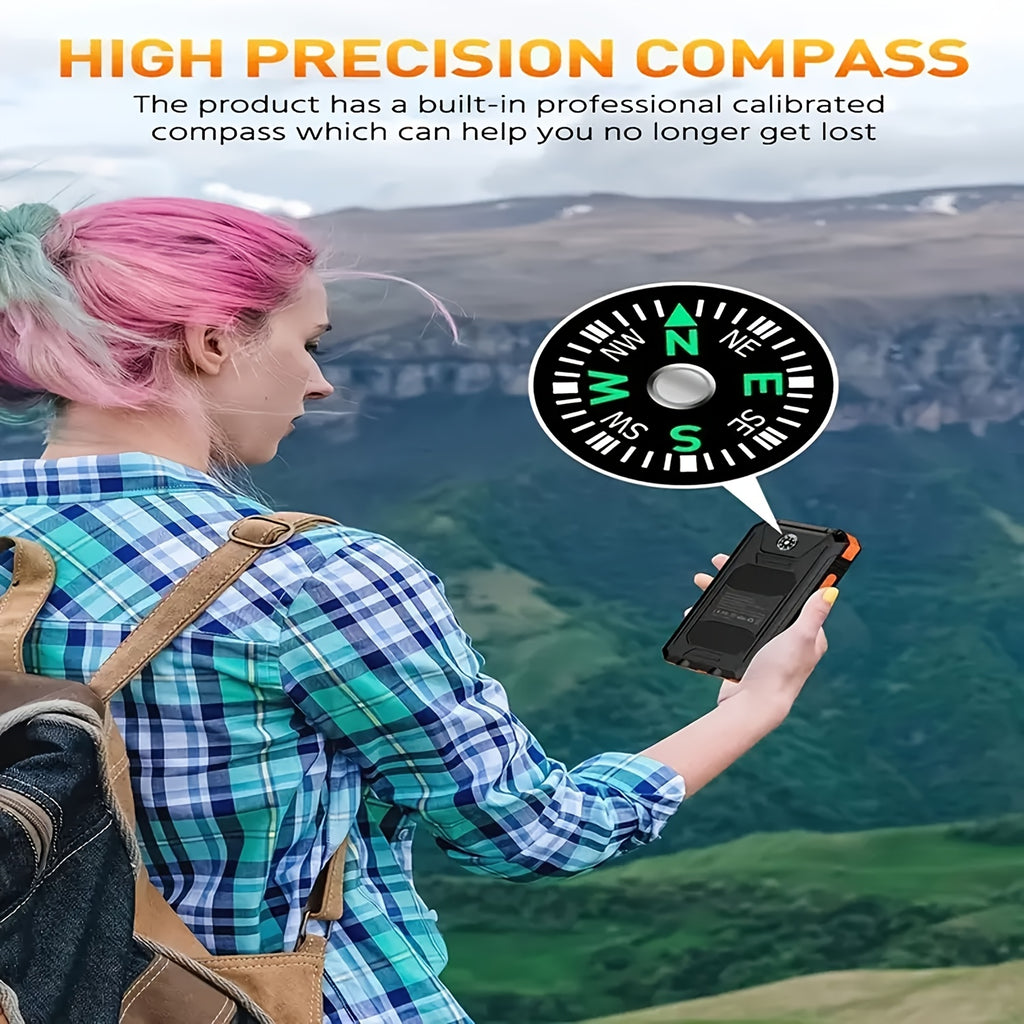 2-pack!10000mAh Solar Power Bank with USB-C Input, Dual USB Output, Built-in Compass And LED Flashlight - Portable Emergency Backup Battery Suitable for Hiking And Outdoor Activities