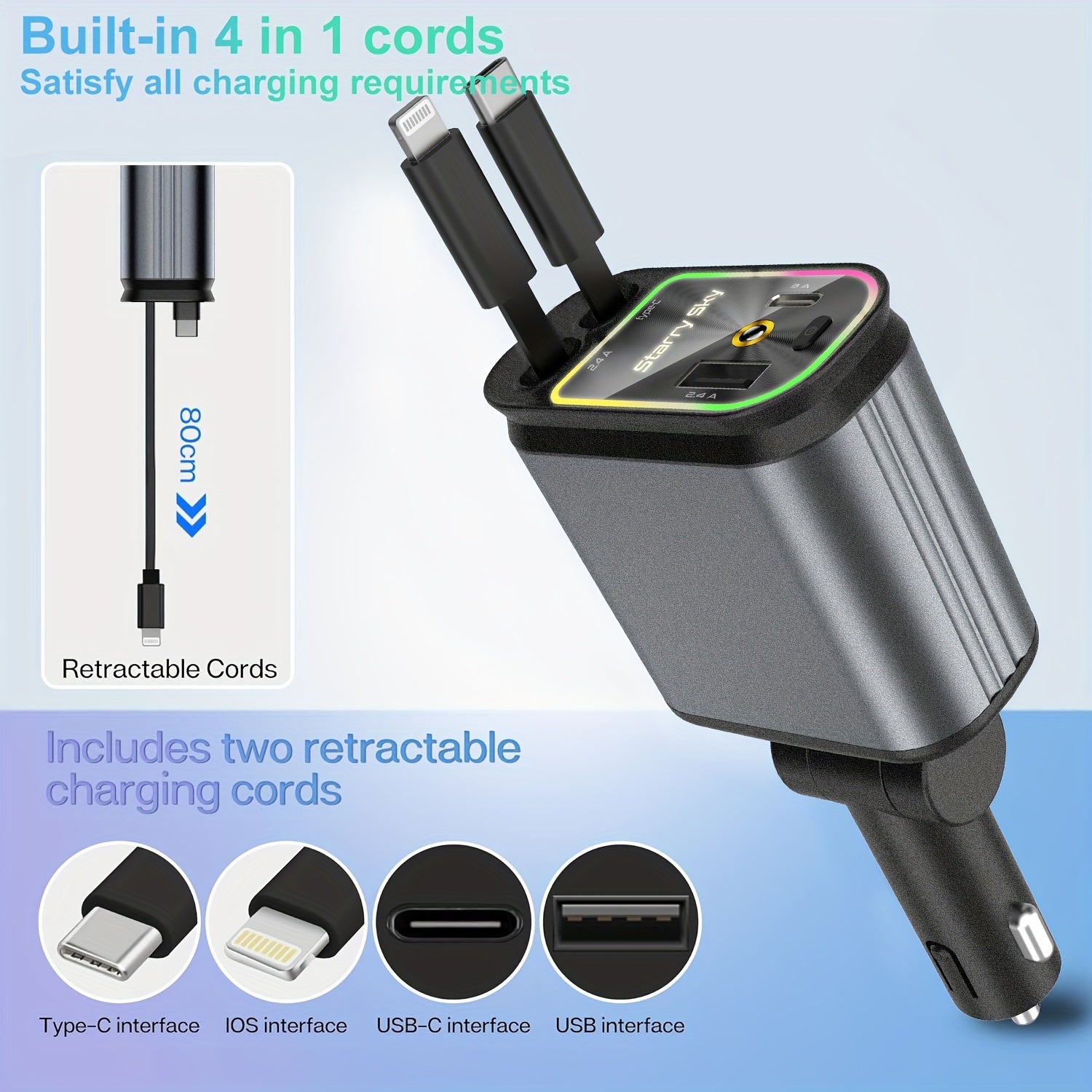 Retractable Car Charger With Star Projector And Flame Ambient Mood Light, 4 In 1 Fast Car Mobile Phone Charger,, With 2.6ft Retractable Cable And USB C Port, Car Charger Adapter, Compatible With IPhones 15/15 Max/14 Pro/13/12/11/Galaxy S23/22, Etc
