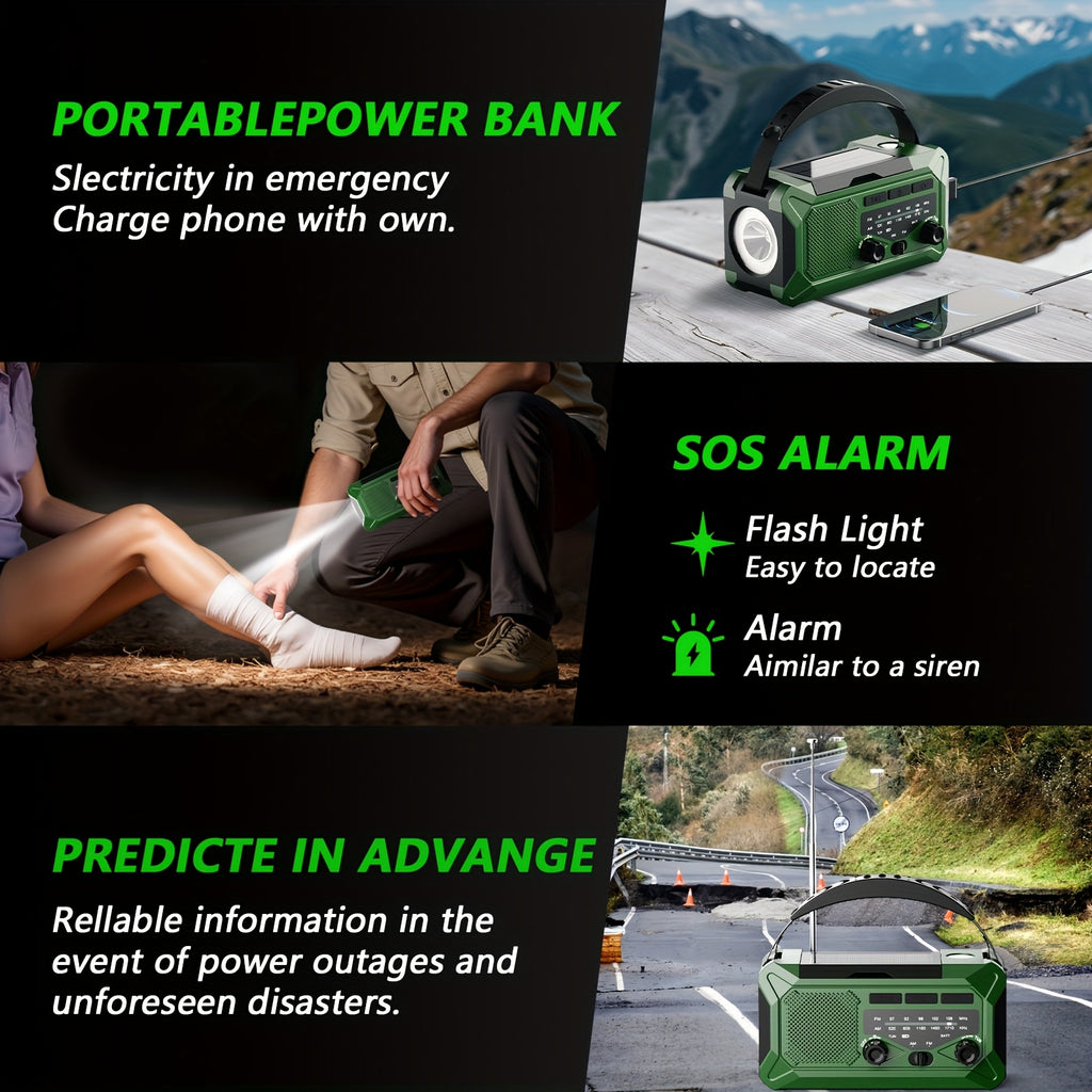 36800mwh 1 Pack Emergency Radio with AM/FM, 3-Way Charging (Hand Crank/Solar/USB), SOS Alarm, Flashlight, Reading Light, Thermometer, Compass & 10000mAh Power Bank - Perfect Survival Kit for Outdoor, Camping, Emergencies