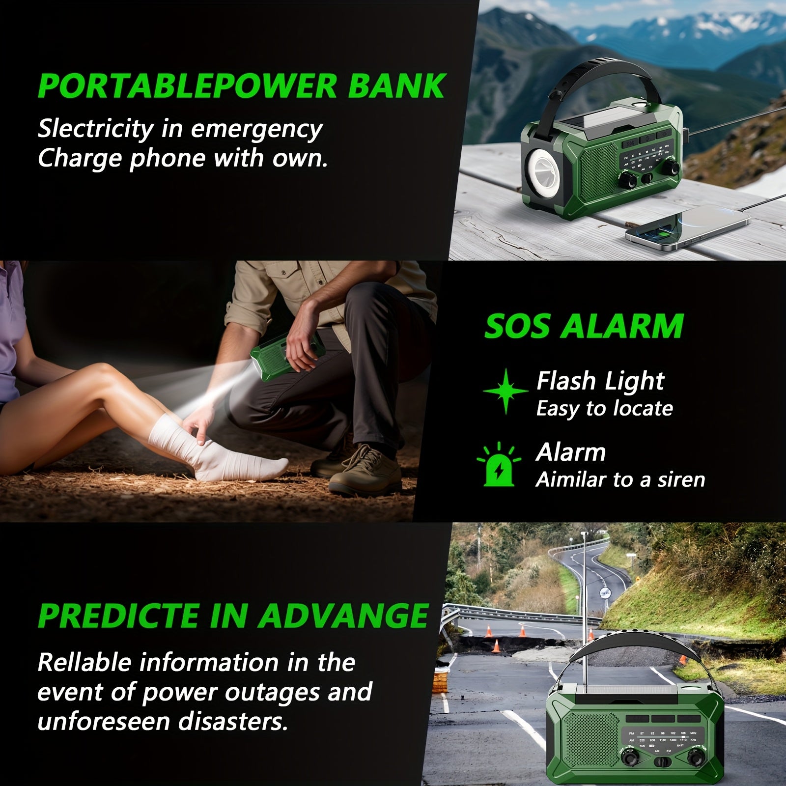 36800mwh 1 Pack Emergency Radio with AM/FM, 3-Way Charging (Hand Crank/Solar/USB), SOS Alarm, Flashlight, Reading Light, Thermometer, Compass & 10000mAh Power Bank - Perfect Survival Kit for Outdoor, Camping, Emergencies
