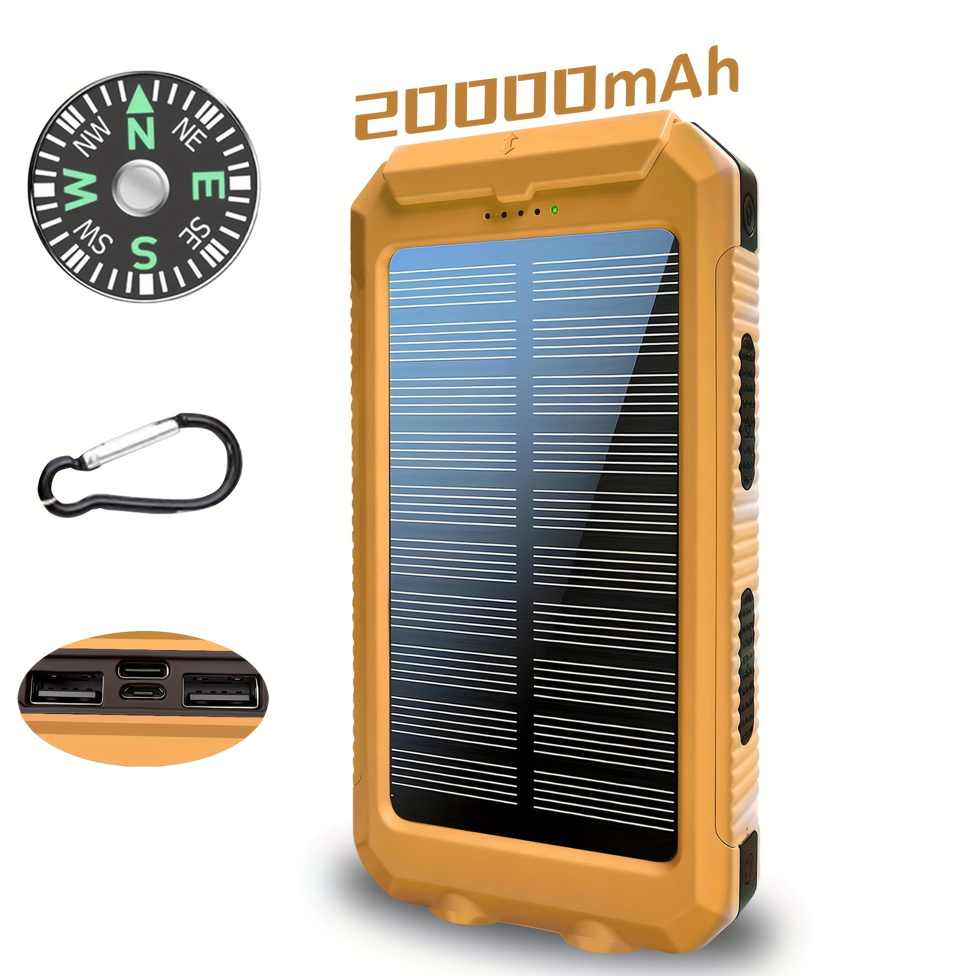 [Solar Power Bank] 20000mAh Solar Power Bank | Dual 5V USB Port Output, Built-in Flashlight with Compass for Outdoor Camping & Emergency Use, Portable Charger for All Mobile Devices