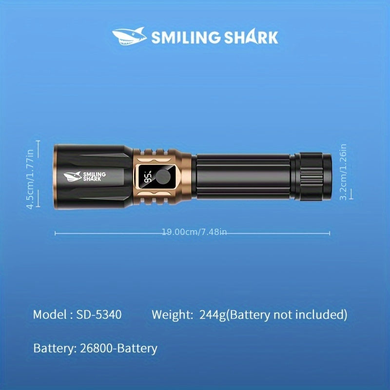 1pc Smiling Shark Rechargeable Flashlights M60 LED Super Bright Long Range, High Power Multi-Functional Handheld Flash Light with LCD Display & Power Bank Function for Emergency Security Camping