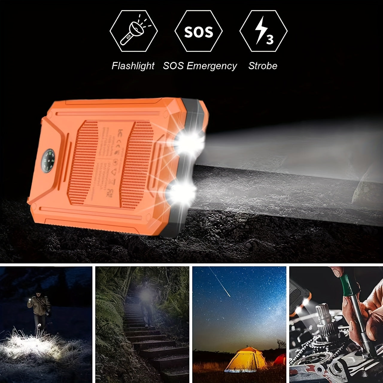 1pc, 20000mAh Portable Solar Mobile Power with External Battery Charger And Powerful LED Light, 2 USB Charging Ports for Outdoor Camping, Hiking And Emergency Power Bank Portable Portable Power Bank Solar Power Bank Battery Power Bank