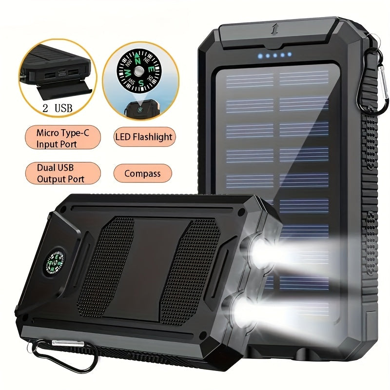 10000mAh 5V2A Fast Charging Multifunctional Solar Panel Power Bank with Ultra-bright LED Light, Large Capacity Rechargeable Portable Mobile Phone Charger, Dual Flashlights, Dual USB Port, Outdoor Travel Must Have Battery Packs, USB-C Ouput & Input, for