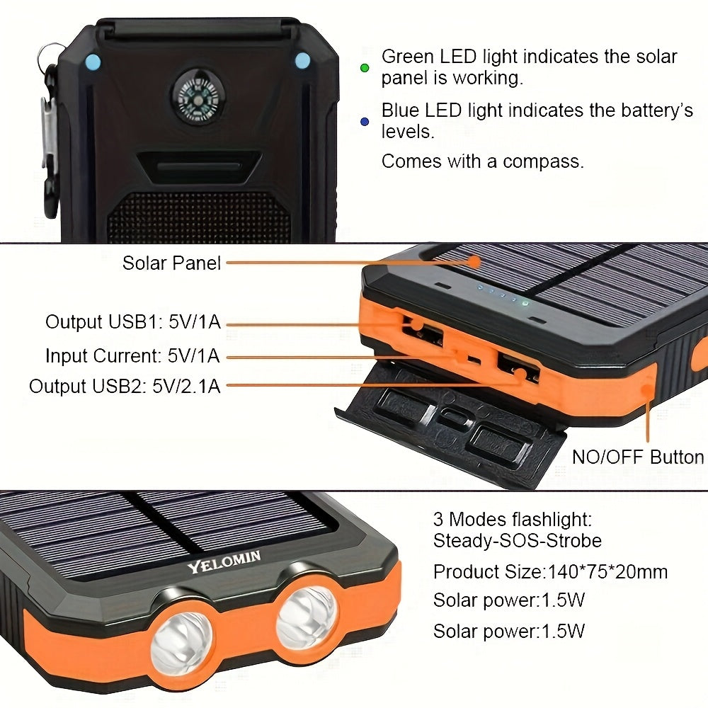 10000/ 20, 000Mah Portable Solar Power Bank, Portable Mobile Phone Solar Charger, Camping External Power Bank with Compass USB Light Flashlight, Suitable for Outdoor Activities