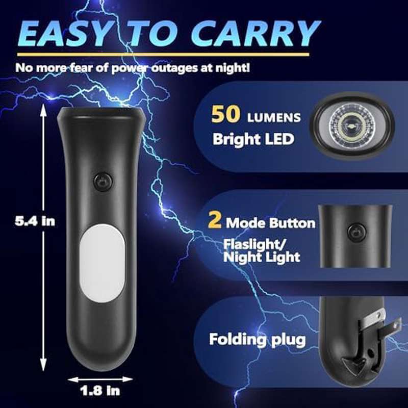 4-in-1 Emergency Power Failure Light with Rechargeable LED Flashlight, Automatic Wall Plug & USB-Powered Operation - Heavy-Duty Matte Black Outdoor/Indoor Power Bank for Camping, Snow Storms, Home Backup - Compact & Portable with Hanging Hook,