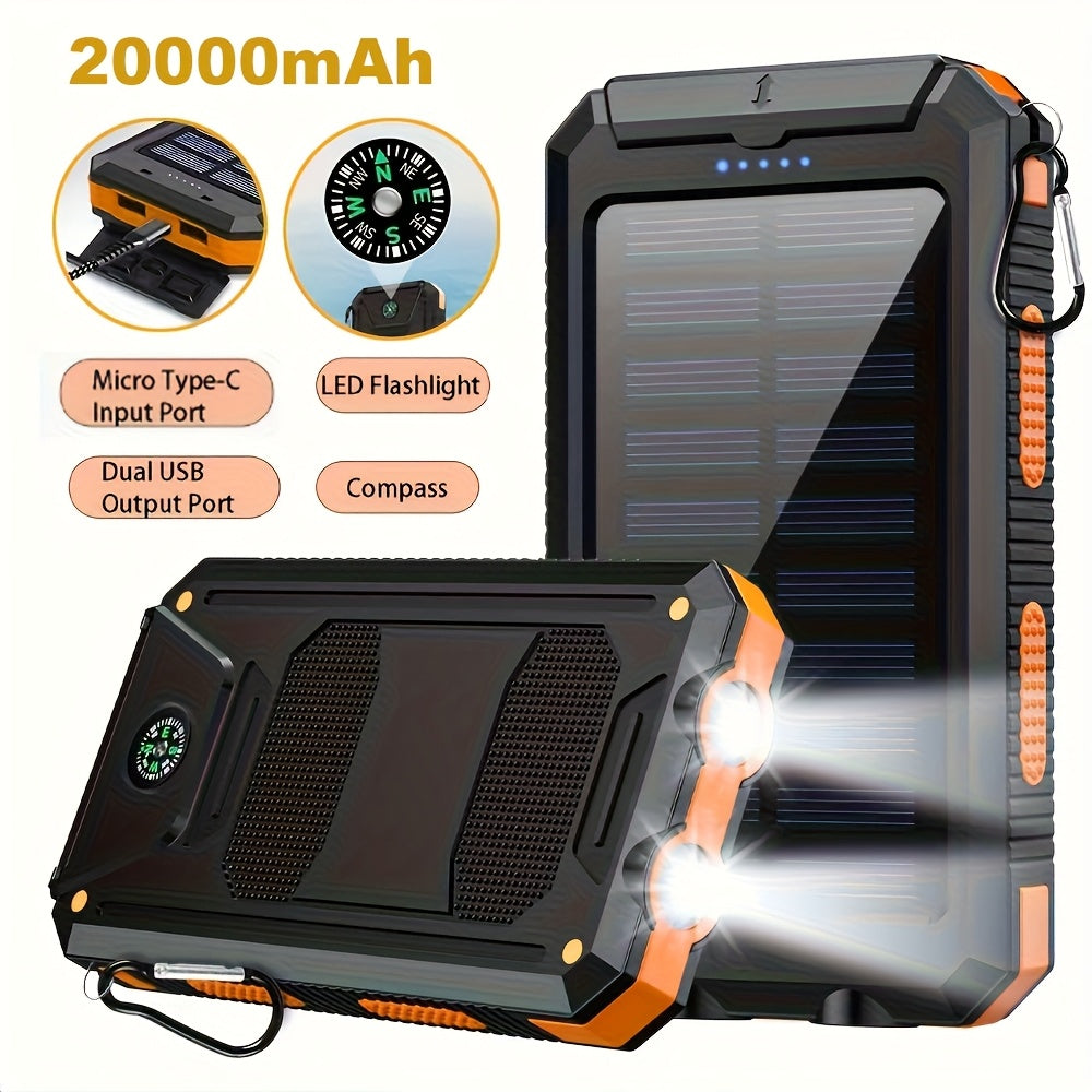10000/ 20, 000Mah Portable Solar Power Bank, Portable Mobile Phone Solar Charger, Camping External Power Bank with Compass USB Light Flashlight, Suitable for Outdoor Activities