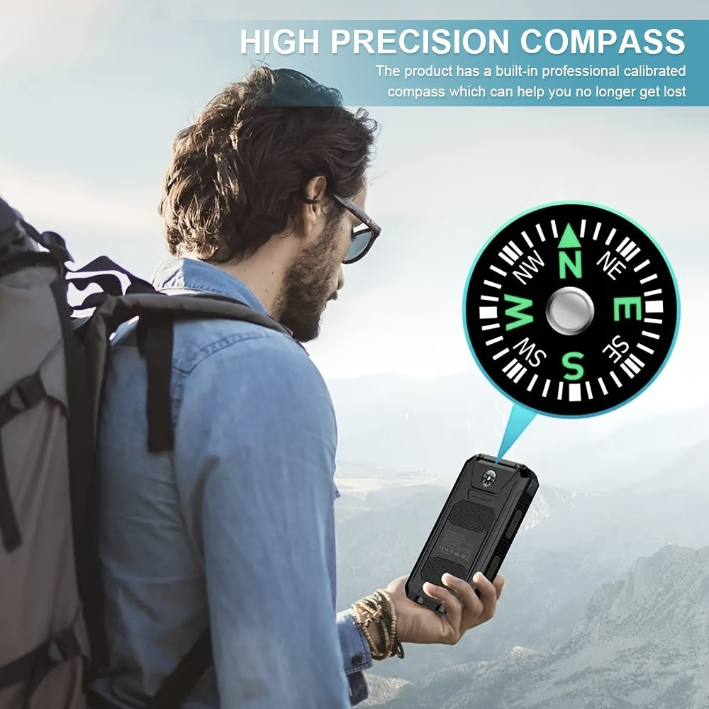 [Solar Power Bank] 20000mAh Solar Power Bank | Dual 5V USB Port Output, Built-in Flashlight with Compass for Outdoor Camping & Emergency Use, Portable Charger for All Mobile Devices
