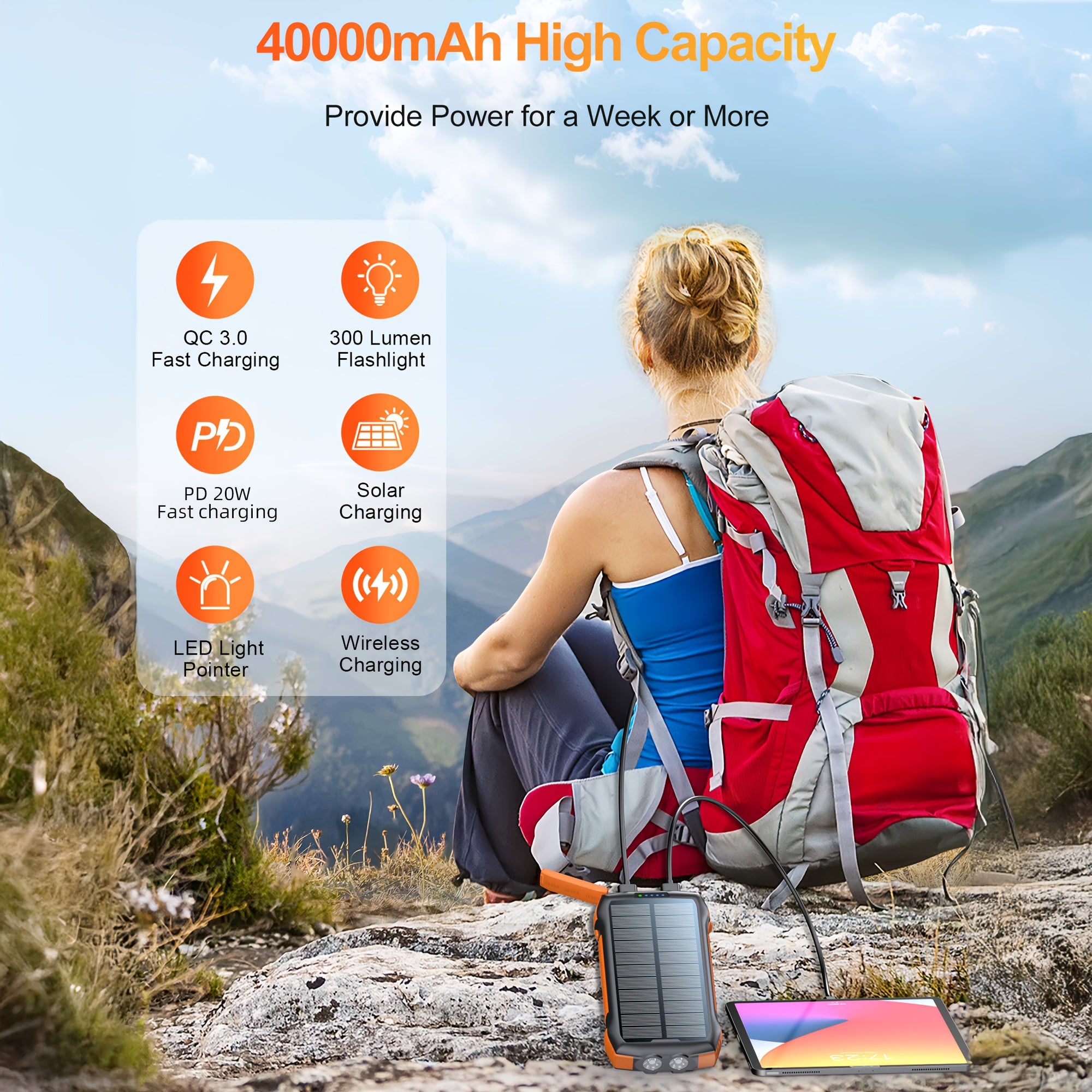 40000mah Large-capacity Solar-powered Wireless Power Bank, With 3 Built-in USB Ports, TYPE-C Output And Input, QC3.0PD 20W Fast Charging, Flashlight, Essential For Outdoor Use, Suitable For Charging Various Devices