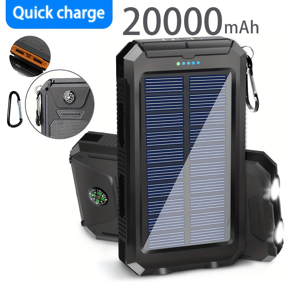 Portable Solar Mobile Phone Charger, Camping External Battery Charger For Mobile Phones, 2 USB/ LED Flashlights With Compass For Outdoor Activities, 20000mAh Portable Solar Power Bank