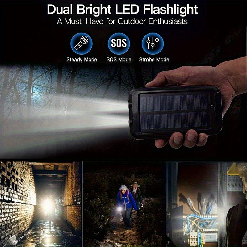 10000/ 20, 000Mah Portable Solar Power Bank, Portable Mobile Phone Solar Charger, Camping External Power Bank with Compass USB Light Flashlight, Suitable for Outdoor Activities