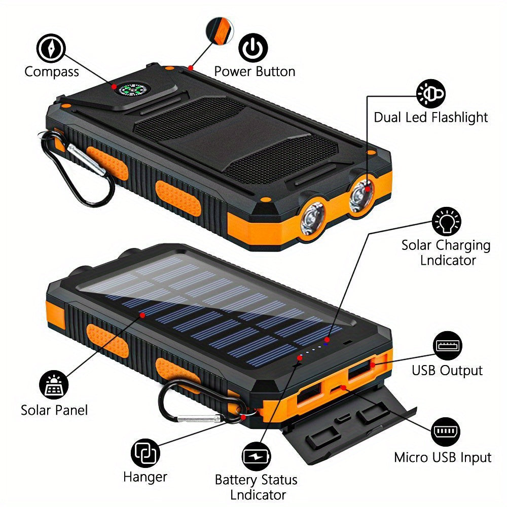 [20000mAh Solar Power Bank] 20000mAh/10000mAh Solar Power Bank Portable Charger | Dual 5V USB Ports, LED Flashlight, Compass | for Mobile Phones, Devices, Travel, Camping | External Backup Battery Pack, Best Gift for Festivals