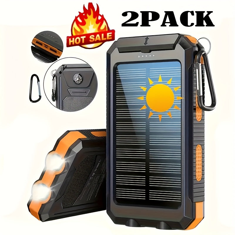 2-pack!10000mAh Solar Power Bank with USB-C Input, Dual USB Output, Built-in Compass And LED Flashlight - Portable Emergency Backup Battery Suitable for Hiking And Outdoor Activities