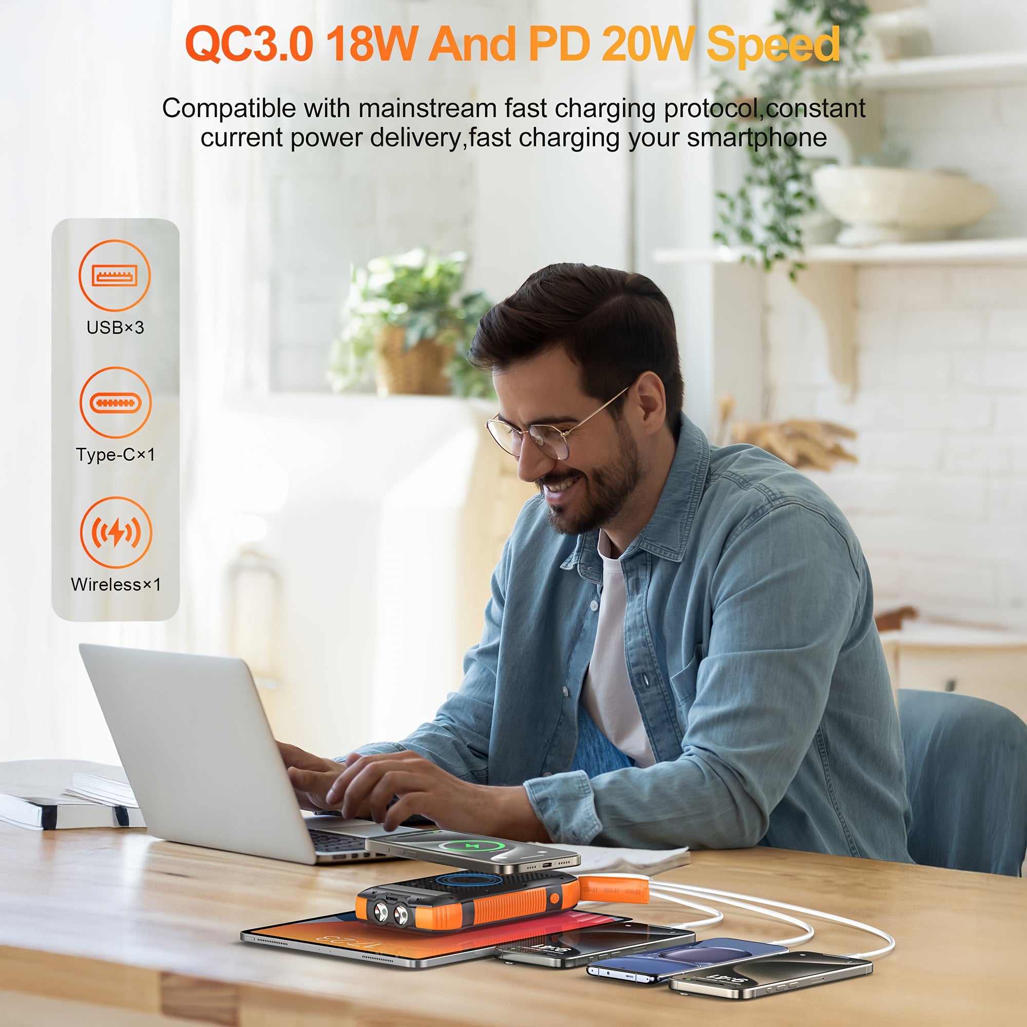 40000mah Large-capacity Solar-powered Wireless Power Bank, With 3 Built-in USB Ports, TYPE-C Output And Input, QC3.0PD 20W Fast Charging, Flashlight, Essential For Outdoor Use, Suitable For Charging Various Devices