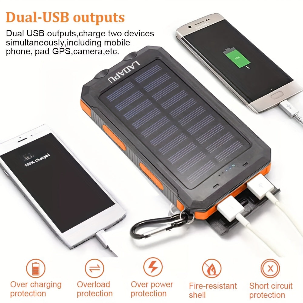 10000mAh Solar Power Bank with Ultra-Bright LED Light, Dual USB & USB-C Ports, Compass, and Portable Hook Design – Fast Charging, Large Capacity Rechargeable Battery for Outdoor Travel & Smartphone Charging, Adventure Gear | Rugged Design | Durable