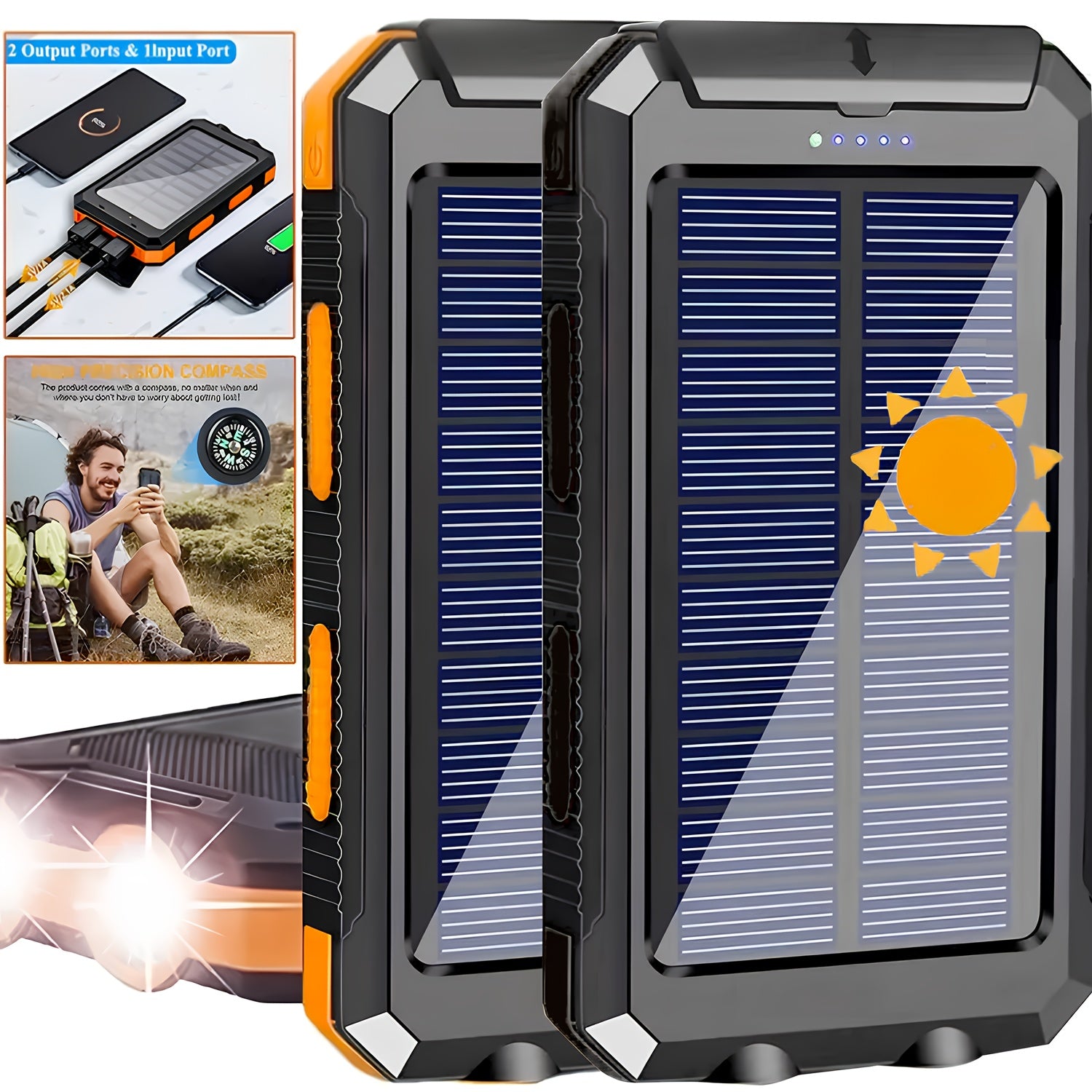 Portable Solar Mobile Phone Charger, Camping External Battery Charger For Mobile Phones, 2 USB/ LED Flashlights With Compass For Outdoor Activities, 20000mAh Portable Solar Power Bank