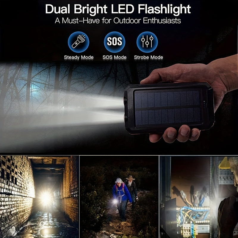 [Solar Power Bank] 20000mAh Solar Power Bank | Dual 5V USB Port Output, Built-in Flashlight with Compass for Outdoor Camping & Emergency Use, Portable Charger for All Mobile Devices