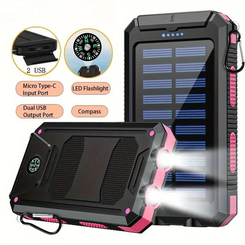 10000mAh 5V2A Fast Charging Multifunctional Solar Panel Power Bank with Ultra-bright LED Light, Large Capacity Rechargeable Portable Mobile Phone Charger, Dual Flashlights, Dual USB Port, Outdoor Travel Must Have Battery Packs, USB-C Ouput & Input, for