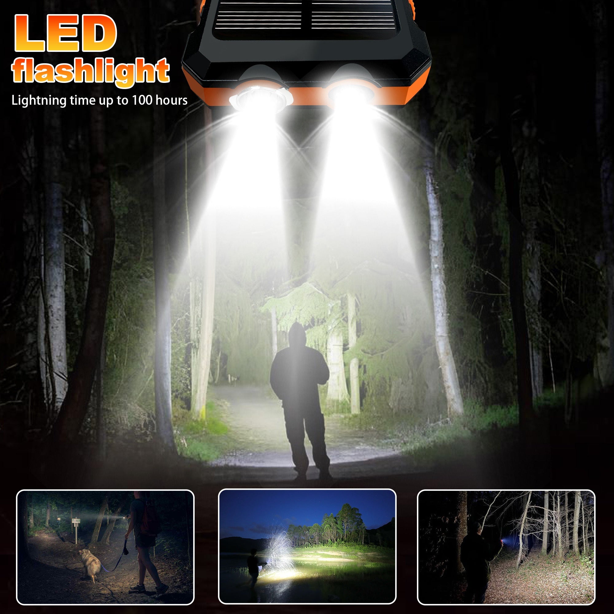 10000/20000mAh Portable Solar Power Bank, Portable Solar Mobile Phone Charger, Camping External Battery Charger for Mobile Phones, 2 USB/ LED Flashlights with Compass for Outdoor Activities