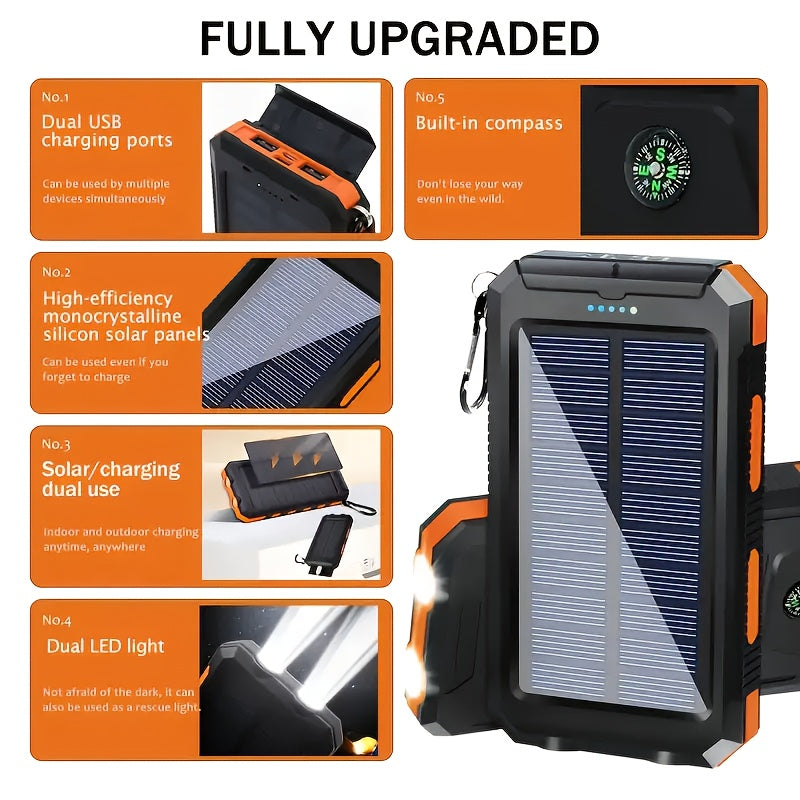 2-pack!10000mAh Solar Power Bank with USB-C Input, Dual USB Output, Built-in Compass And LED Flashlight - Portable Emergency Backup Battery Suitable for Hiking And Outdoor Activities