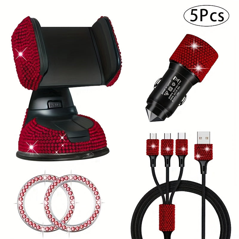 5pcs Luxury Car Accessory Set, Sparkling Rhinestone Charging Cable + Car Phone Holder + USB Car Charger + Ignition Button Trim Ring & Suction Mount, Made with Premium Safe Materials, Handcrafted, Real Photos, High End Gift for Him & Her