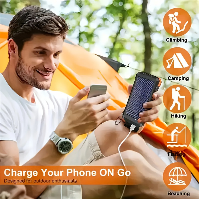 2-pack!10000mAh Solar Power Bank with USB-C Input, Dual USB Output, Built-in Compass And LED Flashlight - Portable Emergency Backup Battery Suitable for Hiking And Outdoor Activities